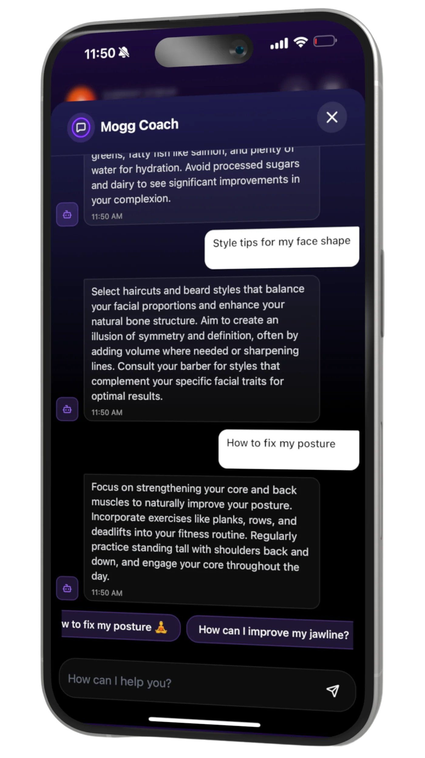 Mogged AI looksmaxxing coach interface