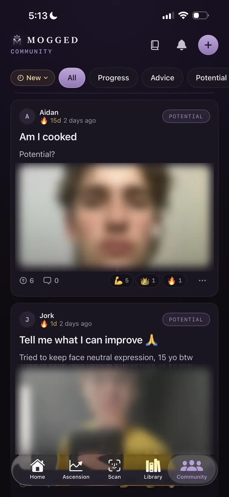 Mogged community feed inside the app
