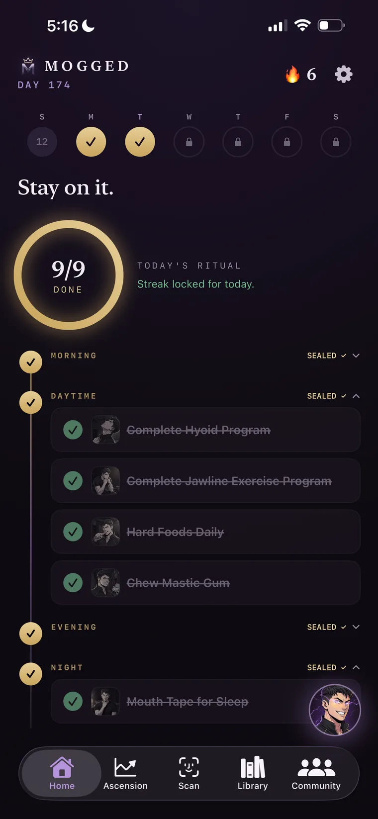 Écran d'accueil Mogged affichant le Streak du rituel quotidien et la chronologie des tâches