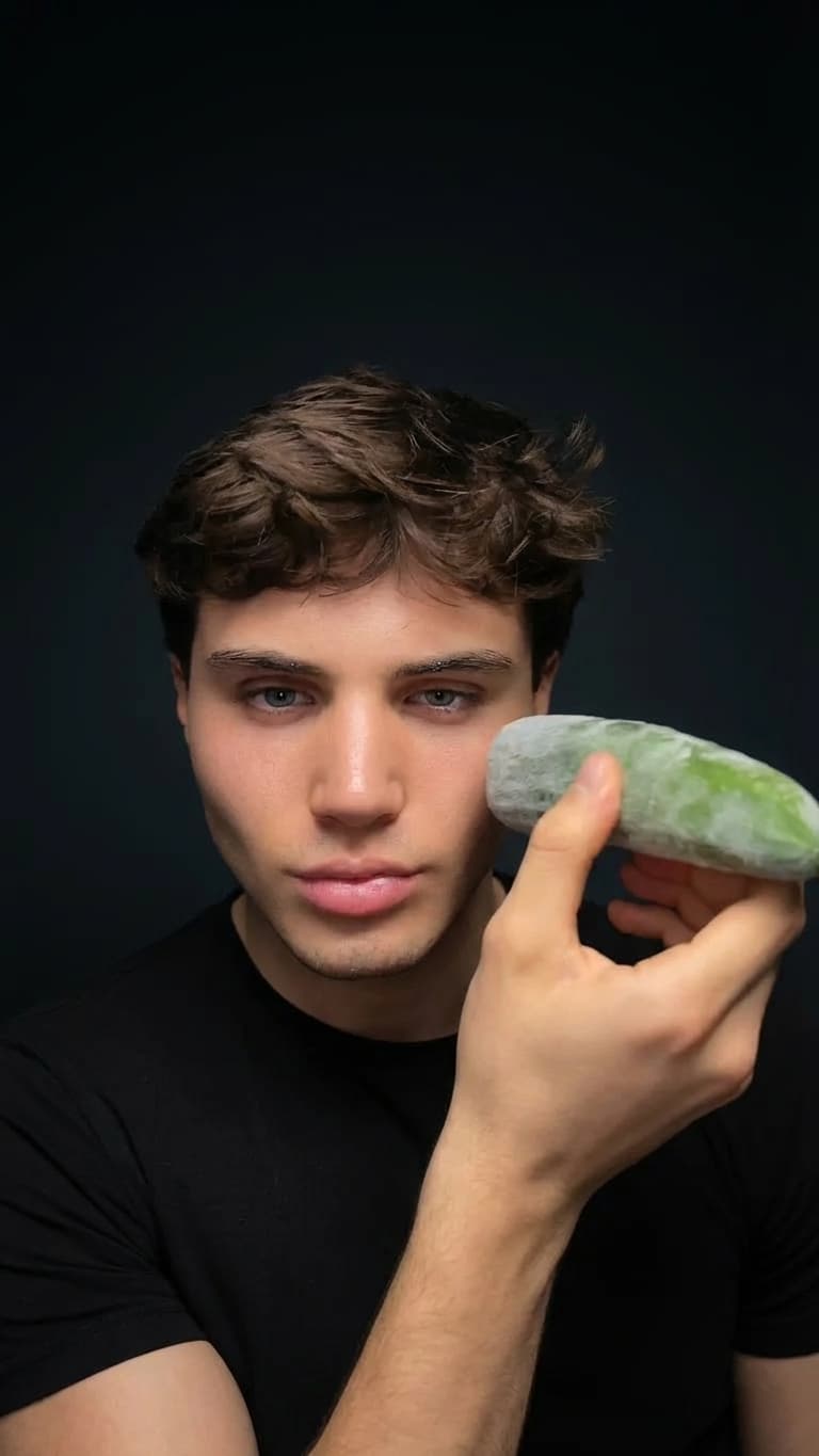 Frozen cucumber face debloat technique — cold cucumber massage across face to reduce morning puffiness and inflammation