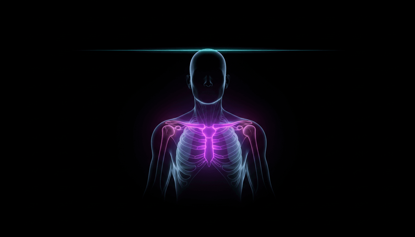 Diagramma anatomico che mostra la silhouette del busto maschile con clavicole, muscoli deltoidi e struttura della spalla evidenziati — che illustra i marker scheletrici che determinano la larghezza del frame