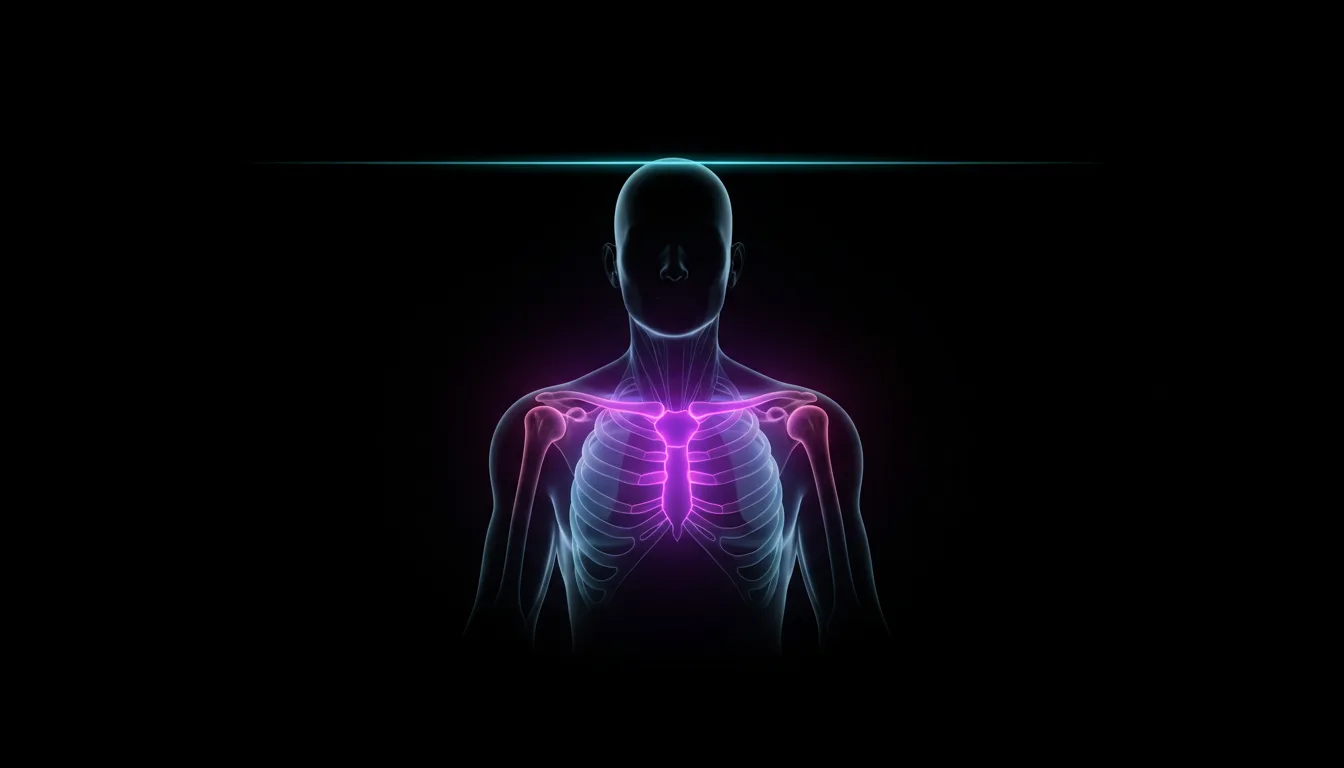 Diagramma anatomico che mostra la silhouette del busto maschile con clavicole, muscoli deltoidi e struttura della spalla evidenziati — che illustra i marker scheletrici che determinano la larghezza del frame