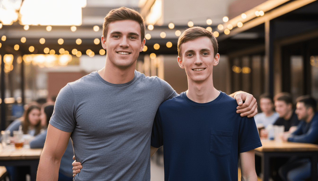 Two young men posing for a candid photo at an outdoor evening bar — the man on the left has dramatically wide athletic shoulders and broad upper-body frame, the man on the right is visibly narrow-framed and slim — illustrating frame mogging in real life