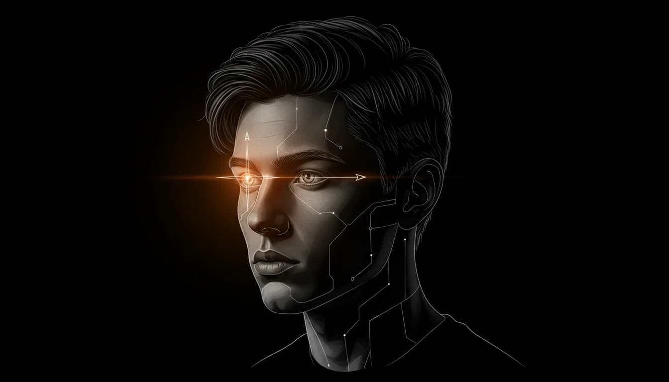 Ritratto stilizzato di un giovane uomo con sovrapposizione di bussola — illustrazione simbolica del punto di partenza per il protocollo looksmaxxing