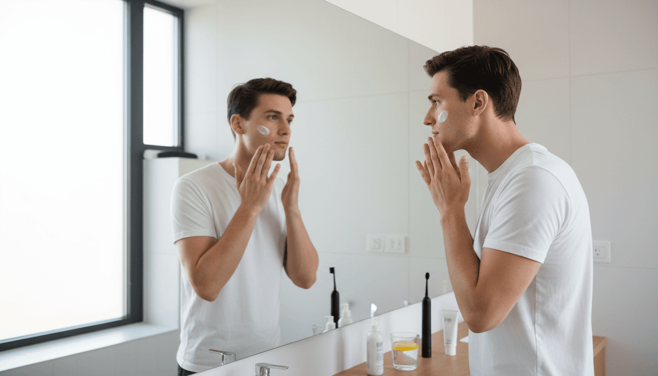Young man in front of a bathroom mirror applying skincare moisturizer to his face — illustrating a typical softmaxxing routine