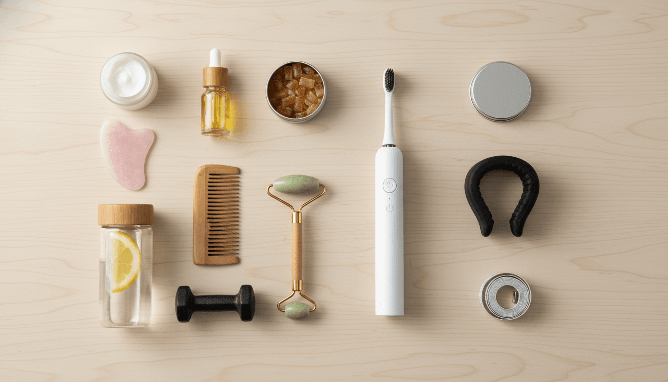 Overhead flat-lay of looksmaxxing essentials: moisturizer, vitamin C serum, gua sha tool, jaw trainer, mastic gum, electric toothbrush, comb, face roller, water bottle, dumbbell, tape measure