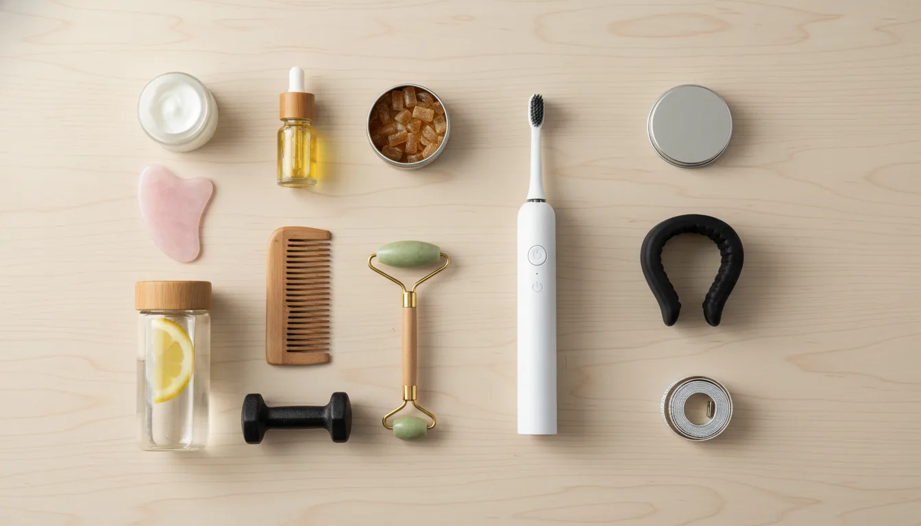 Flat-lay cenital de los esenciales del looksmaxxing: hidratante, sérum de vitamina C, gua sha, jaw trainer, chicle de mástique, cepillo eléctrico, peine, rodillo facial, botella de agua, mancuerna, cinta métrica