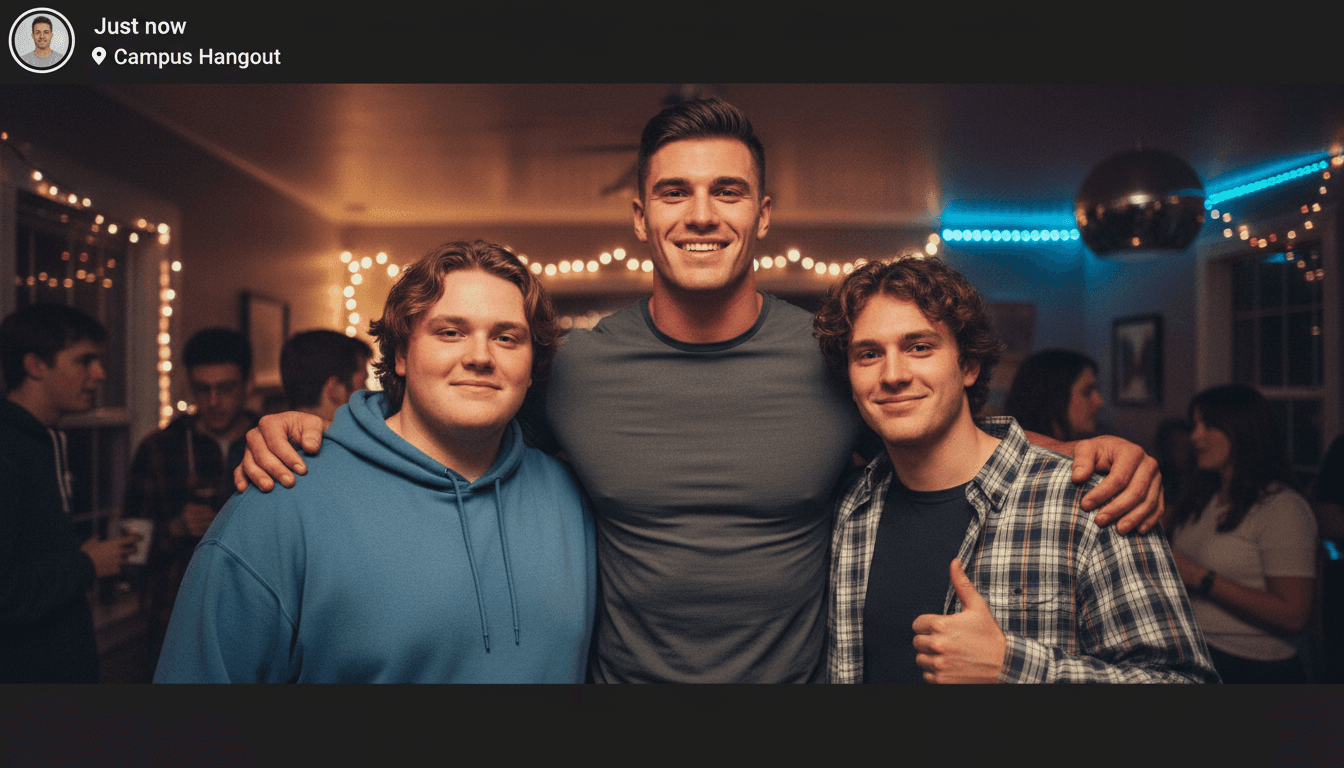 Três jovens posando para uma foto casual de festa — o sujeito do centro é visivelmente mais alto, mais atlético, com uma mandíbula mais definida do que os dois amigos ao lado, ilustrando o conceito de comparação lado a lado que o meme de mogging captura