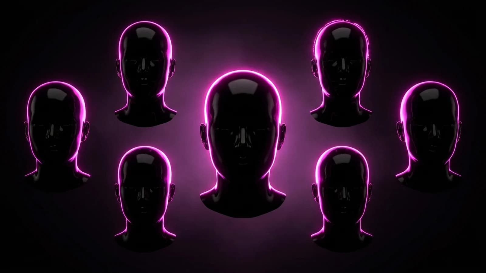 Grid of glossy black mannequin face busts with fuchsia rim-lighting — visual metaphor for 7-8 PSL face-rating platforms competing for users