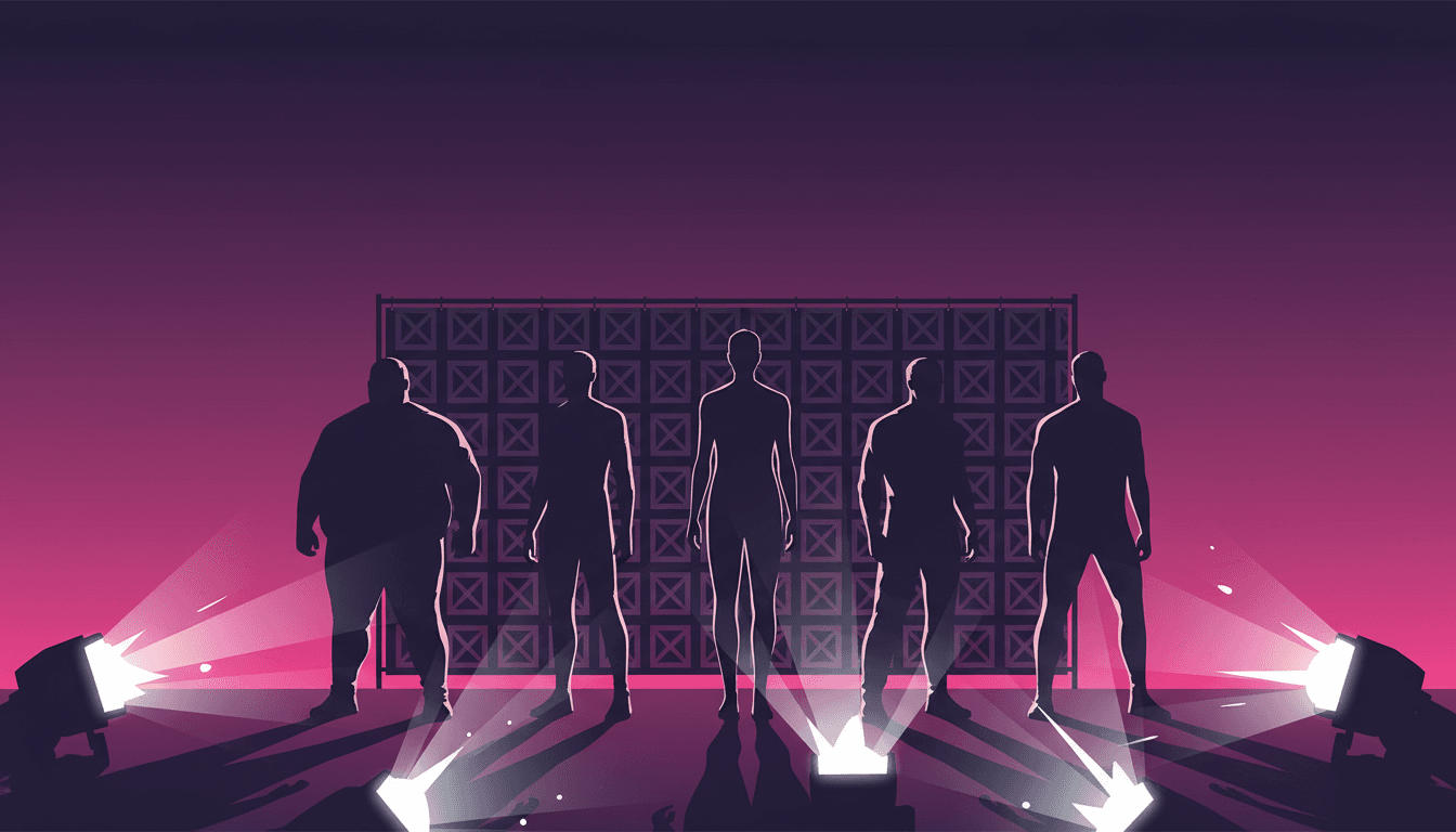 Ilustração estilizada de tapete vermelho mostrando cinco silhuetas masculinas abstratas de alturas e estruturas variadas em fila num backdrop de step-and-repeat com flashes de paparazzi e céu em gradiente roxo e rosa