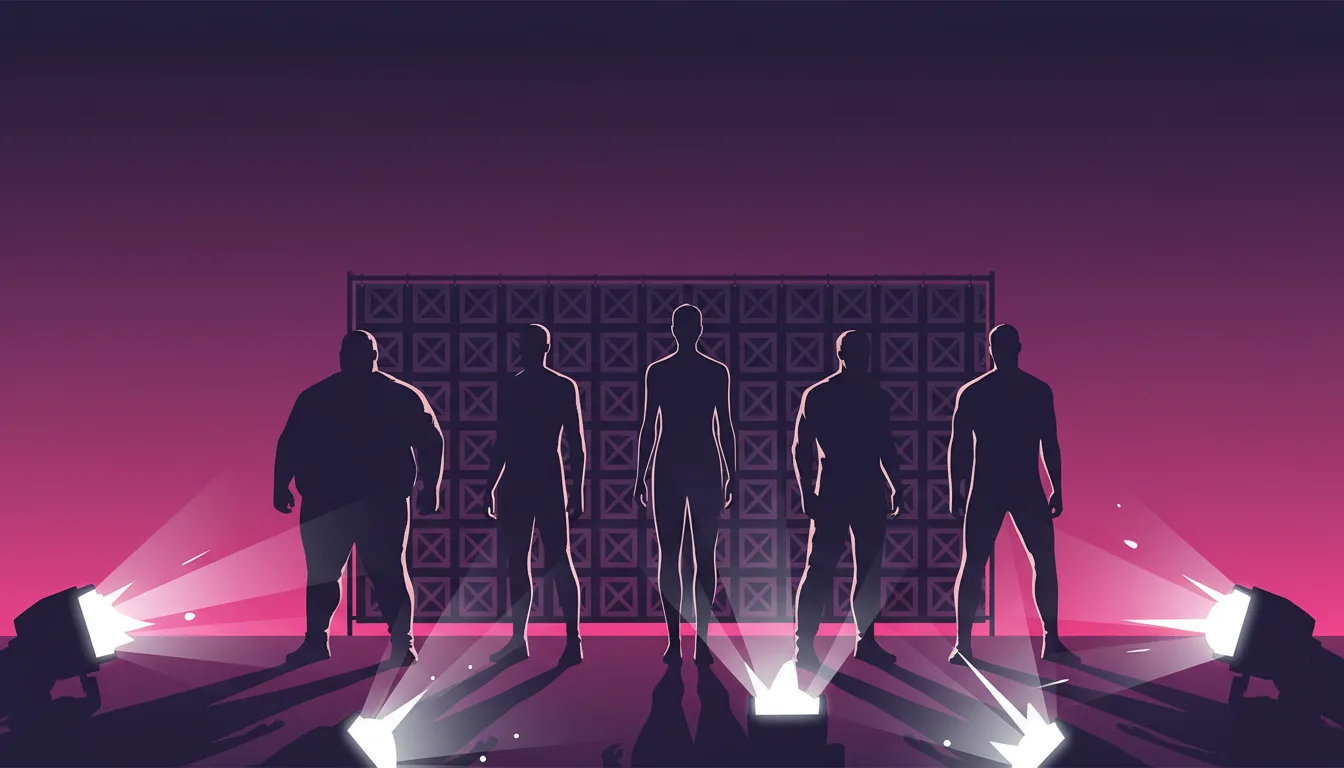 Illustrazione stilizzata di un red carpet con cinque sagome maschili astratte di altezze e corporature diverse in fila su uno sfondo step-and-repeat con flash dei paparazzi e cielo con gradiente viola-rosa