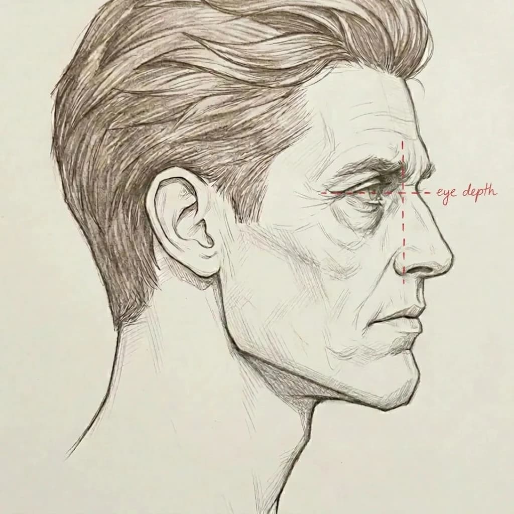 Sunken eyes — age-related hollowing, normal brow bone but loss of volume around the eye