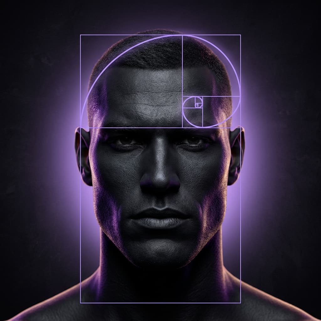 Särpräglad golden ratio result — male face with phi proportion mask overlay