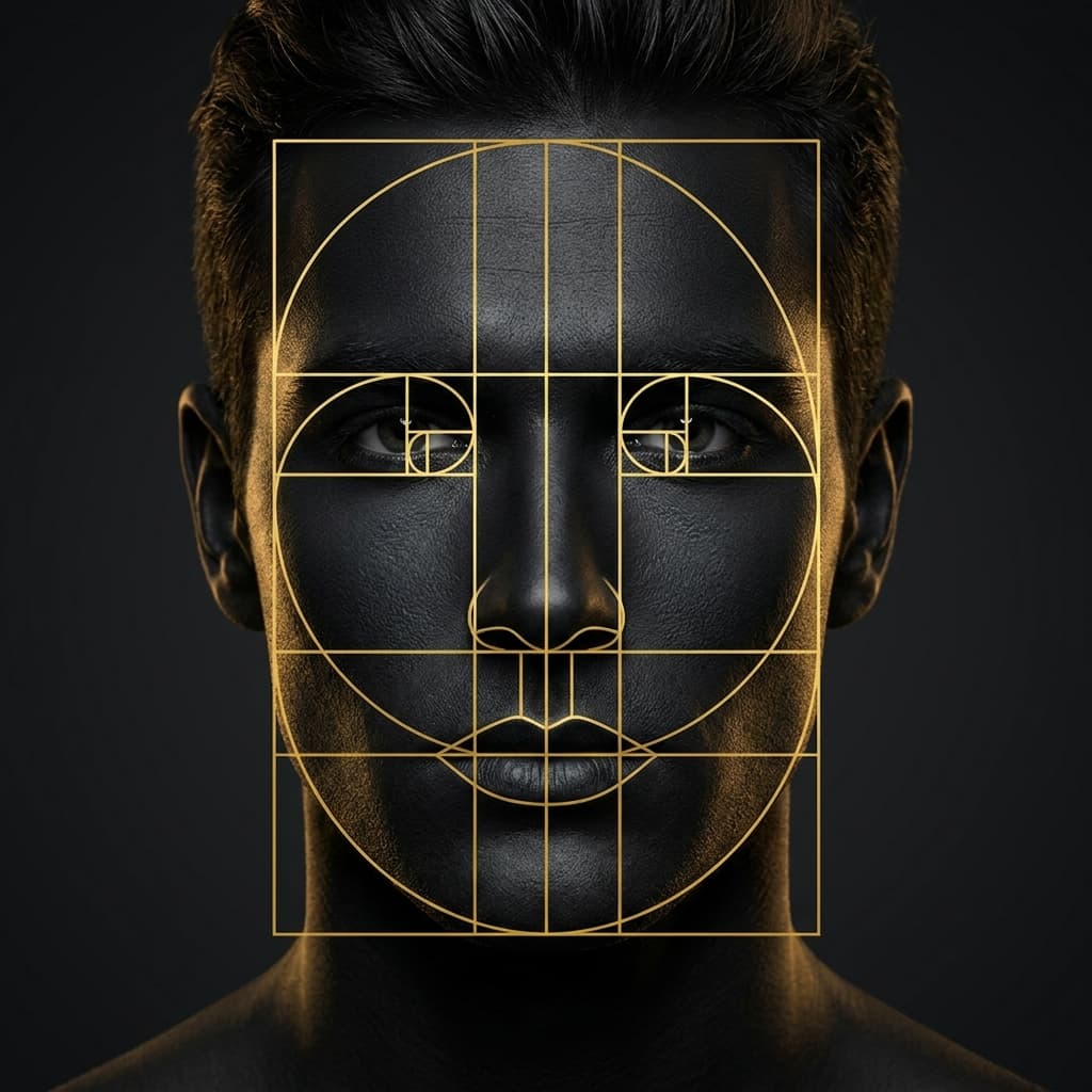 Gyllene golden ratio result — male face with phi proportion mask overlay