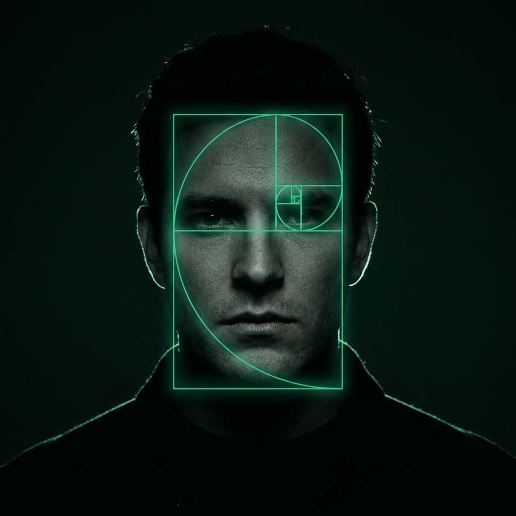 Harmonisk golden ratio result — male face with phi proportion mask overlay