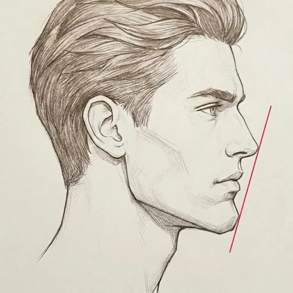 Ricketts E-line illustration — line drawn from nose tip to chin tip on a profile sketch