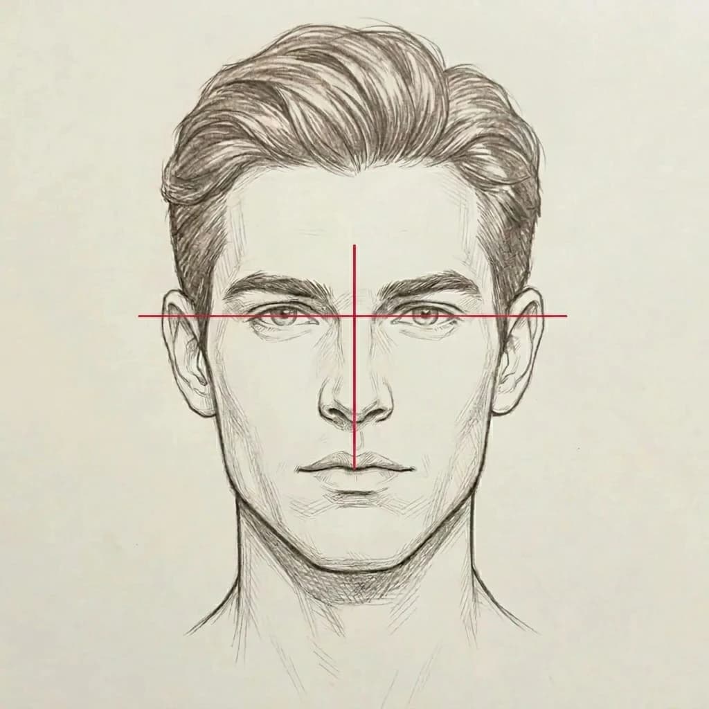 Midface ratio measurement diagram — horizontal pupil-line and vertical pupil-to-lip line on a front-facing pencil sketch